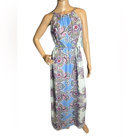 London Times Halter Printed Floral Boho maxi Key Hold dress with tie belt Size 4 - Picture 6 of 14